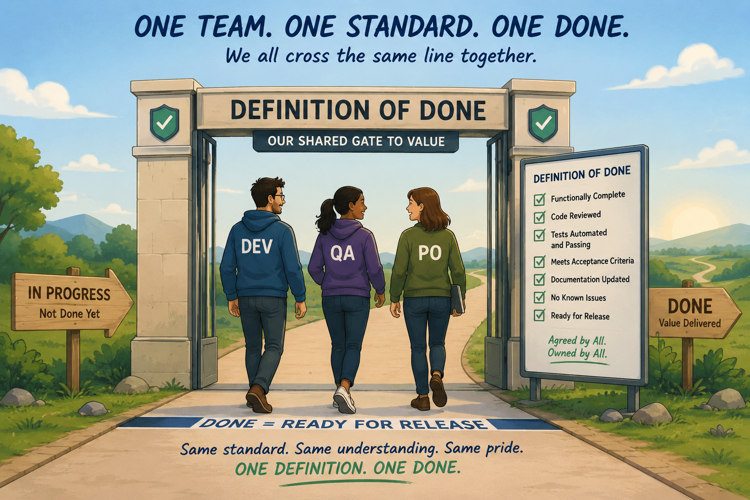 Team walking though an arch titled: Definition of Done